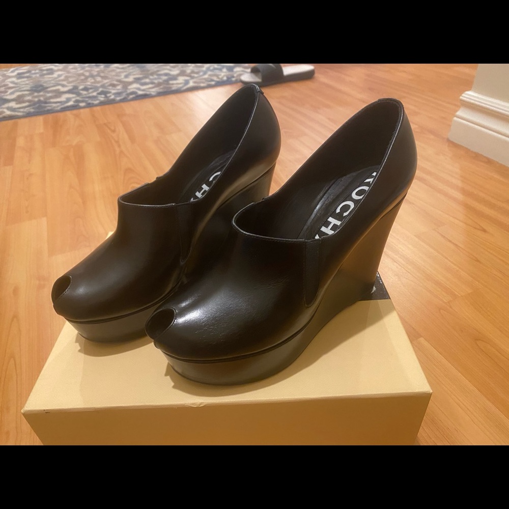 Rochas Black Leather Peep Toe Wedge
